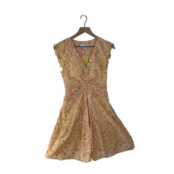 Derek Lam Paisley Floral Flare Yellow & Pink 100% Cotton Mini Dress size 4 - Picture 5 of 12